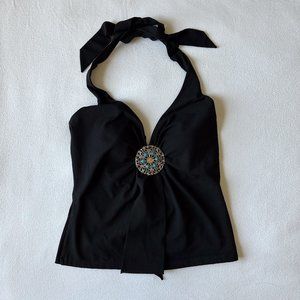 #Vintage Caché Black Halter Top w/ turquoise medallion / brooch. #Y2K
